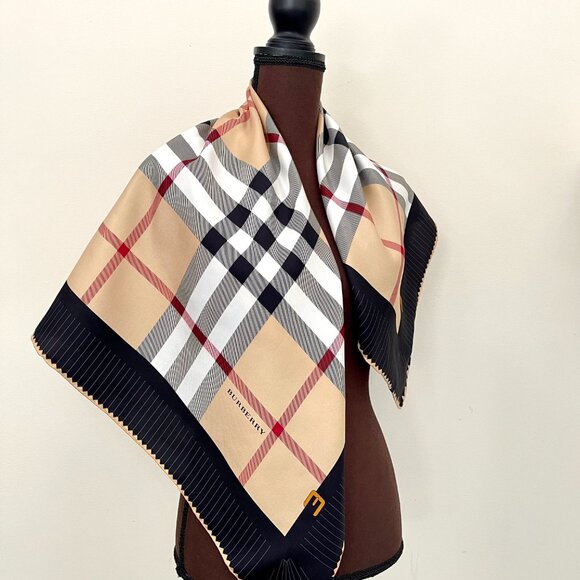 NWT Burberry Beige Check Black Border Silk Scarf - Picture 4 of 16